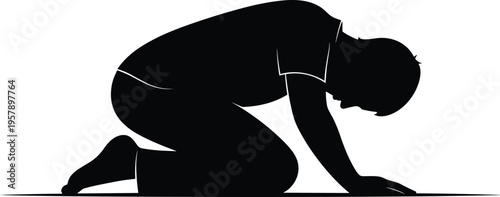 Silhouette of exhausted person kneeling on ground expressing stress burnout fatigue despair mental health struggle concept in minimal black vector illustration style