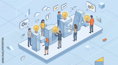 People standing on a large tablet discussing lightbulbs and blocks in an office