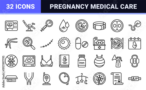 Obstetrics and Gynecology Medical Care Line Art: Minimalist Geometric Outline Symbols for Women Health and Pregnancy Diagnostics.