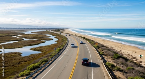 Scenic Coastal Highway Journey Beside Wetlands and Ocean Waves