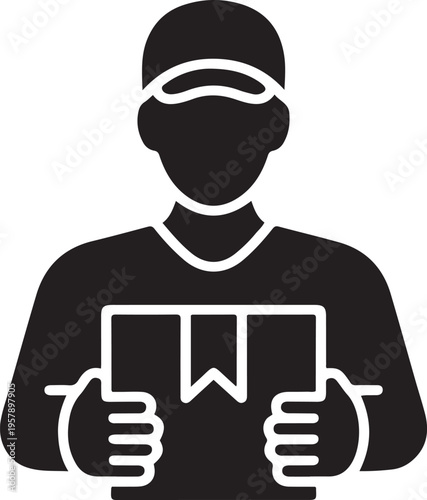 deliveryman carrying a box. black icon drawing vector