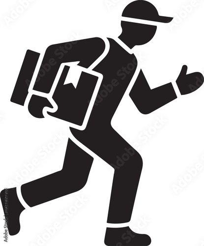 deliveryman carrying a box. black icon drawing vector