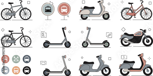 Urban transport vehicles vector set with bicycles, scooters and motorbikes, city mobility icons, eco transportation illustration collection
