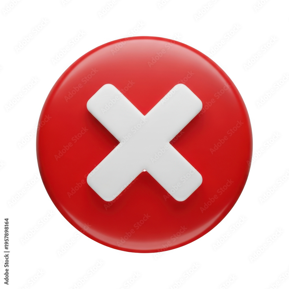 Fototapeta premium Three dimensional red circular button featuring a prominent white cross symbol for error alerts