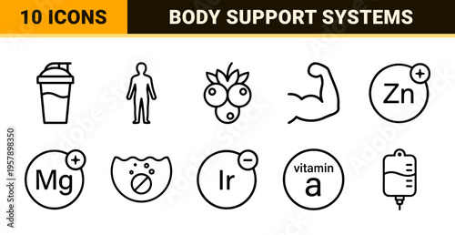 Wellness Supplement and Dietary Nutrition Line Art Icons featuring Minimalist Geometric Outlines for Healthcare and Fitness Branding