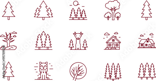 Whimsical collection of forest and nature-themed icons in a minimalist style