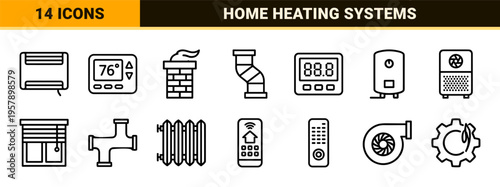 HVAC and Climate Control Systems Minimalist Monoline Outline Symbols for Smart Home Interfaces and Professional Technical Documentation