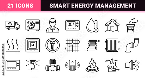 HVAC and Smart Energy Management Systems Minimalist Monoline Line Art Graphics for Climate Control and Sustainable Home Technology UI.