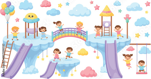 Fantasy sky playground with kids playing on slides, bridge and swings, dreamy cloud park scene with children cartoon vector illustration collection