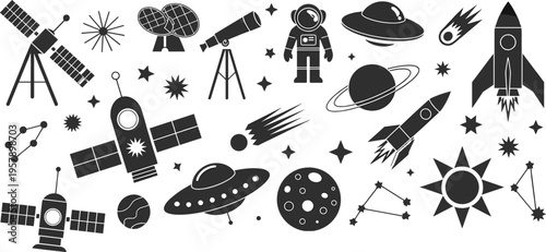 Black and white line collection of various and symbols line symbols tools instruments technology