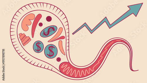 Biological diagram of a parasitic flatworm with dollar signs and a growing graph arrow