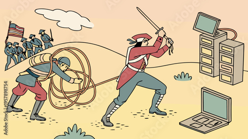 Soldiers in historical battle scene struggle with rope and sword against computer technology