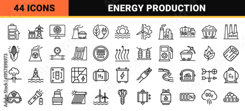 Heavy Industry and Sustainable Energy Infrastructure Icon Set featuring Minimalist Geometric Line Art for Power Generation Utility Systems.