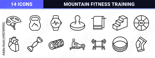Outdoor Fitness and Alpine Wellness Geometric Line Art Set featuring Minimalist Mountain Hiking, Gym Training, and Health Tracking UI Symbols