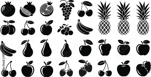 Black and white of various fruits and vegetables with leaves and seeds