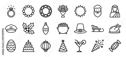 Festive Holiday and Seasonal Event Line Art Icons featuring Minimalist Monoline Aesthetic for Professional Digital Interface Design