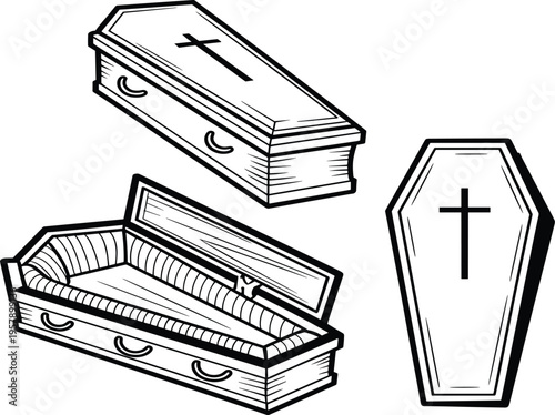Vintage wooden coffin vector set, open and closed caskets with christian cross, gothic funeral illustration