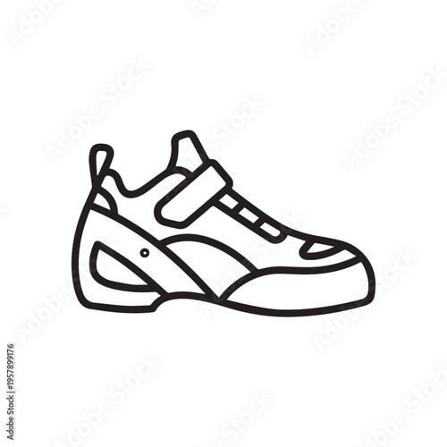 Black and white line art icon of a climbing shoe with a single strap closure, isolated on
