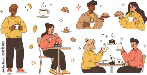 People enjoying coffee and pastries set with friends drinking hot beverages, cozy cafe moments and dessert break, lifestyle cartoon vector illustration collection