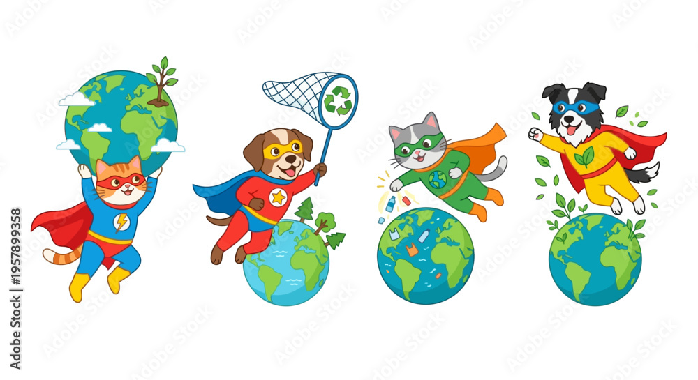 Naklejka premium Superpowered animals protect the earth with globes and heroic efforts