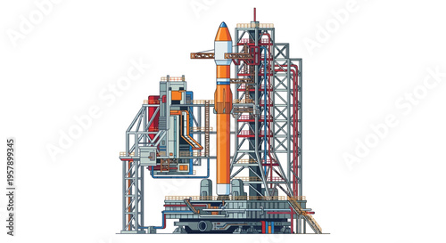 Detailed illustration of a space launch complex and rocket preparation