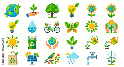 Colorful icons illustrating environmental protection sustainability and renewable energy