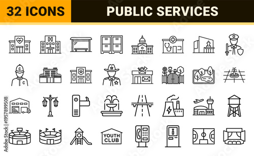 Public Services and Community Infrastructure Linear Outline Symbols for Urban Management and Municipal Government Agency Planning Graphic Design