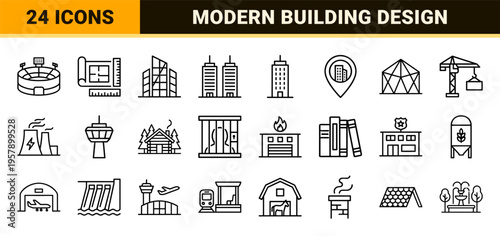 Architecture and Urban Infrastructure Outline Symbols Featuring Minimalist Building Exteriors and Construction Elements in a Monoline Style.