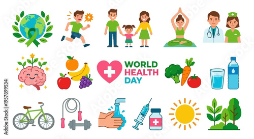 Illustrations representing world health day including people food and wellness