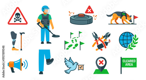 Bomb squad and landmine awareness icons in a flat colorful style