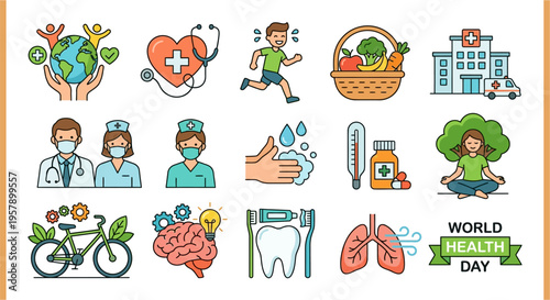 Colorful icons representing various aspects of global health and well being