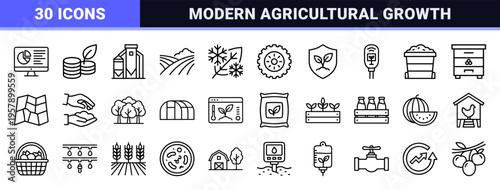 Sustainable Agriculture and Smart Farming Linear Outline Icons featuring Minimalist Geometric Symbols for Agrotech and Organic Growth.