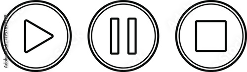 Media player control icons featuring play pause and stop buttons inside double circles vector set