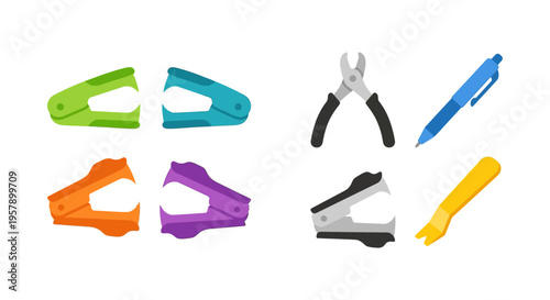 Colorful office supplies including staplers pliers and a pen displayed