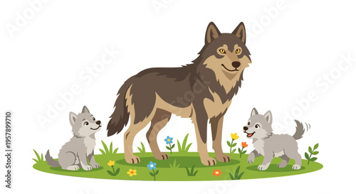 A majestic wolf stands proudly with two playful wolf pups nearby