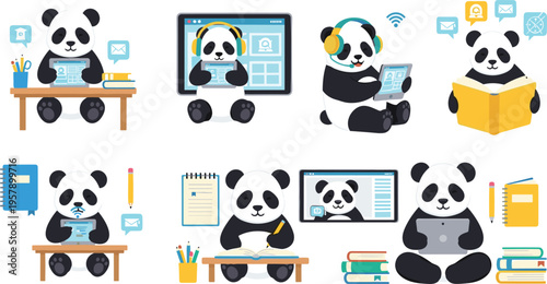 Cute panda studying and working online set with laptop, tablet, books and desk, education and remote learning cartoon vector illustration collection