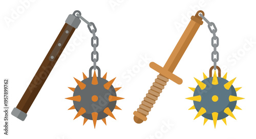Two flails with spiked balls and wooden handles hanging on chains
