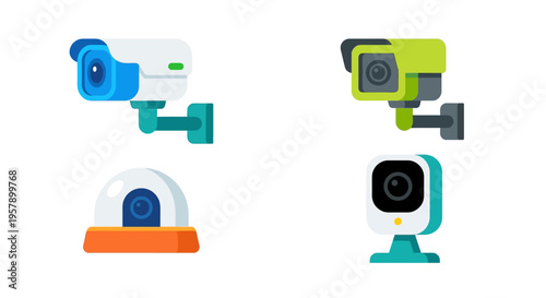 Four colorful security cameras in a flat illustrative style