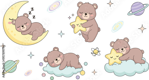 Cute sleeping bear in space set with moon, stars and clouds, dreamy night cartoon animals hugging star, nursery vector illustration collection