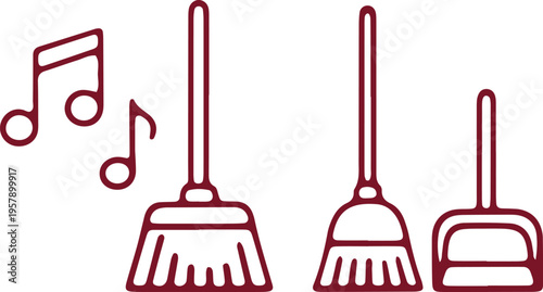 Harmony of cleaning tools with musical notes symbolizing joyful tidying