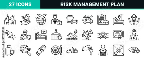 Comprehensive Insurance and Risk Management Outline Icon Set featuring Minimalist Geometric Line Art for Financial and Security Services.