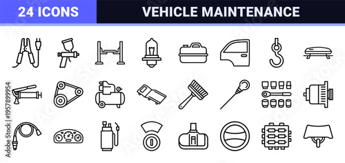 Automotive Repair and Garage Service Minimalist Monoline Outline Icons featuring Geometric Car Maintenance and Mechanical Engineering Symbols.