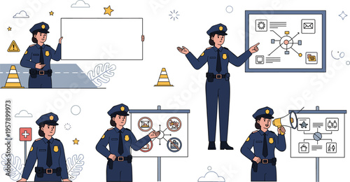Police officer training and presentation set with safety rules, briefing board, communication and law enforcement education vector illustration collection