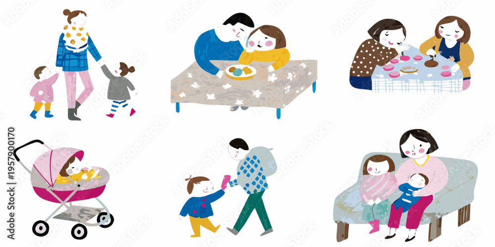 Fototapeta premium Illustrative scenes depict various family moments and connections