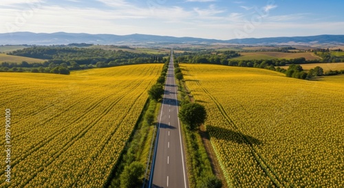 Scenic Country Road Through Vast Golden Sunflower Fields Under Blue Skies