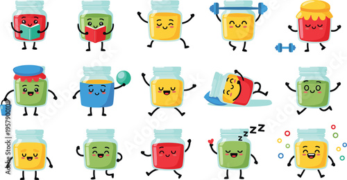 Cute jam jar characters set with happy fruit spreads, funny glass jars with emotions, food packaging mascots cartoon vector illustration collection