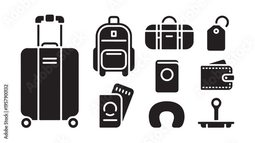Black and White Travel Related Icons Set For Travel Agency Concepts