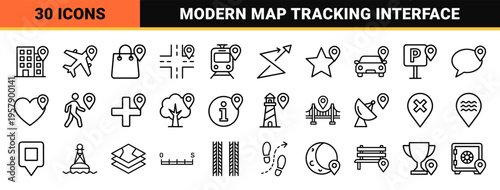 Minimalist monoline navigation line art featuring geometric map markers, GPS tracking paths, and global positioning silhouettes for UI design.