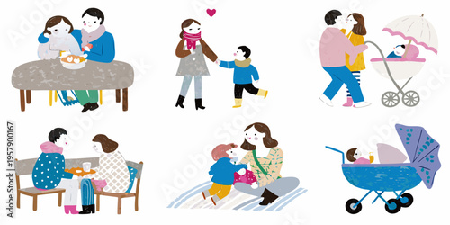 Charming illustrations depict loving mothers and children in various everyday scenes