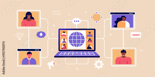 Diverse people connected through a virtual meeting on a laptop